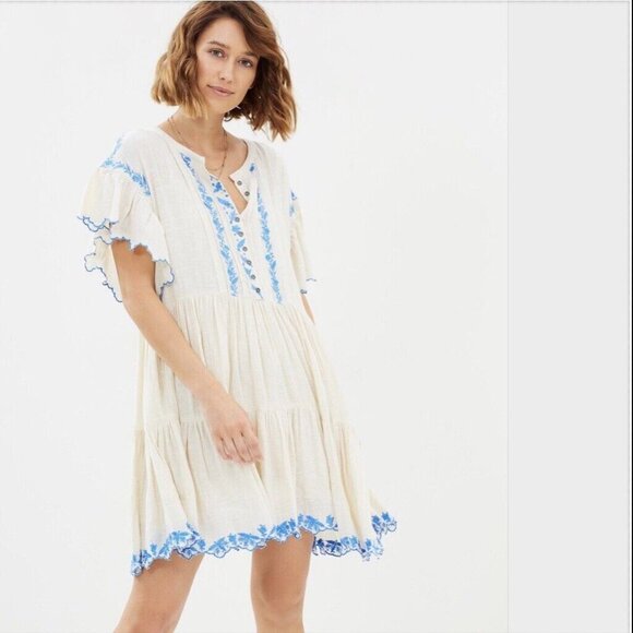 FREE PEOPLE Santiago Cream Dress with Blue Embroidery Sz Medium - Picture 1 of 13